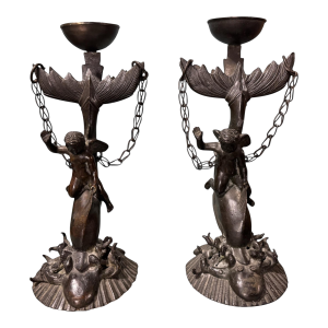 Pair Antique Cast Metal Figural 9.5" Pricket Candlesticks Cherubs Riding Dolphins