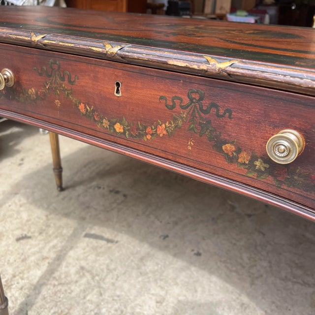 Circa 1920-1940 Adams Paint Decorated Three Drawer Console With Gilt Accents and Reeded Legs For Sale - Image 9 of 13