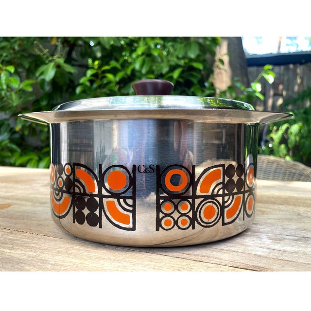 Two vintage french stainless steel cooking pots from the 1970s by c&s. Each pot comes with a lid and is marked "c&s – inox...