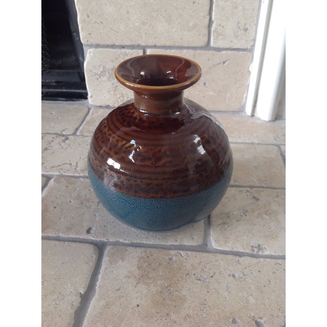 Vintage Rustic Brown And Blue Glazed Pottery Vase Accent Piece
