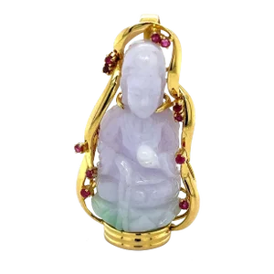 14k Gold Carved Lavender Jade Buddha Pendant Necklace