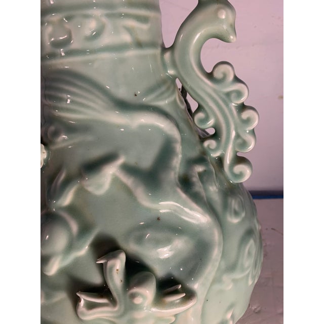 1970s Vintage Large Celadon Dragon Urn/Vase With Peacock Handles For Sale In Tampa - Image 6 of 10