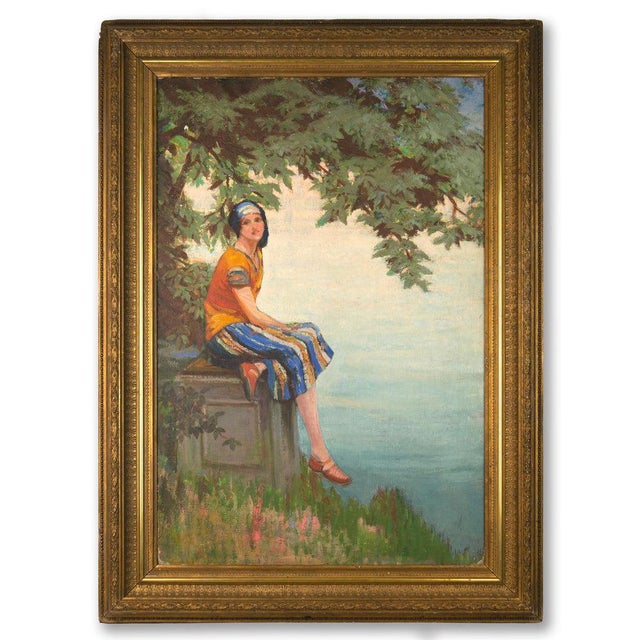 An original 1920s oil painting – Arthur Croft Mitchell, The Orange Dress.A stunning large-scale decorative work by the...