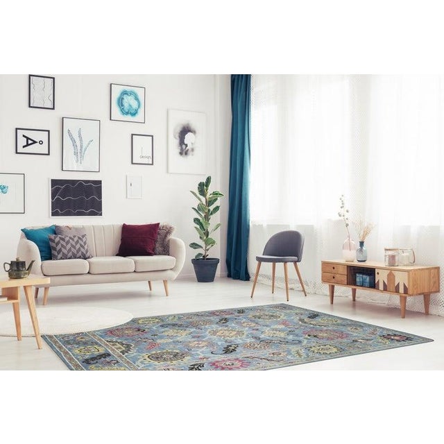 Textile 8x10 Blue Hand-Knotted Wool Floral Medallions Traditional Modern Carpet Rug For Sale - Image 7 of 7