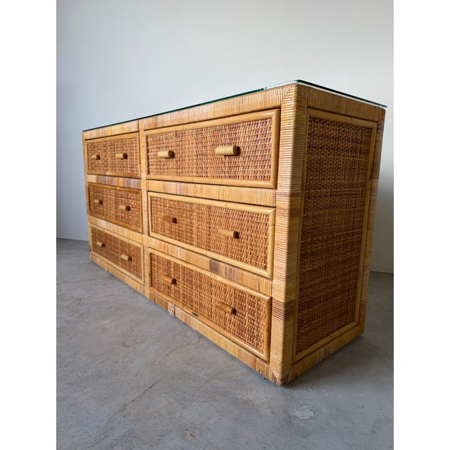 Contemporary Vintage Coastal Rattan & Wicker Six-Drawer Dresser With Glass Top For Sale - Image 3 of 12