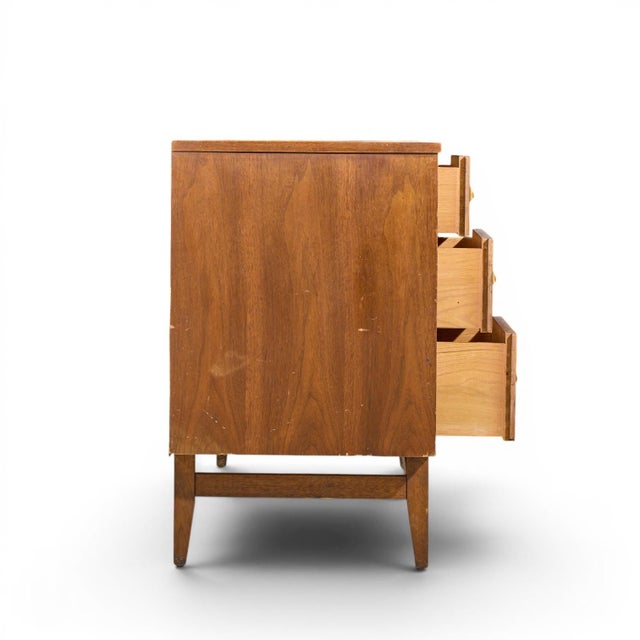 Broyhill Brasilia Broyhill Brasilia Mid Century Walnut and Brass 9 Drawer Lowboy Dresser For Sale - Image 4 of 11