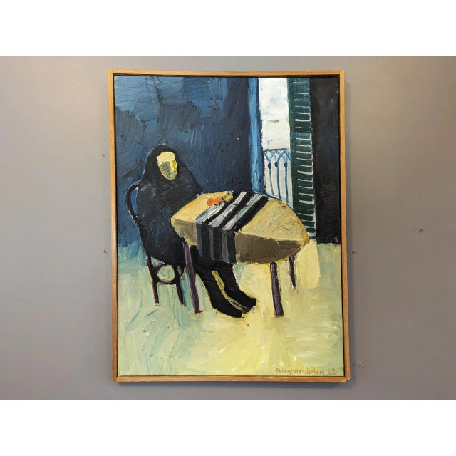 THE LONELY DINER Size: 63 x 48 cm (including frame) Oil on Canvas An emotive mid-century figurative composition, executed...