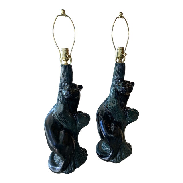 Vintage Pair of Mid-Century Modern Plaster Black Panther Cat Table Lamps For Sale