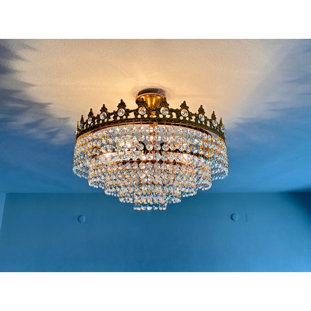 Metal 1960s Vintage French Crown Style Flush Mount Brass Chandelier With Soft Blue Crystals⁠ For Sale - Image 7 of 17