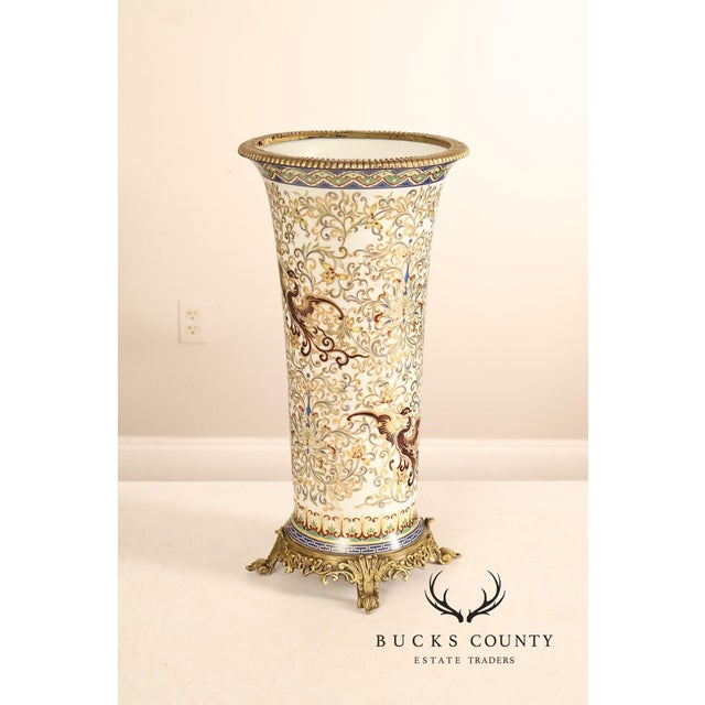 High Quality Hand Painted Porcelain Decorative Vase with Gilded Metal Base and Cap. Vase Features Scroll and Phoenix...