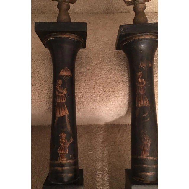 1990s Hand-Painted Black Wooden Chinoiserie Lamp For Sale - Image 5 of 12