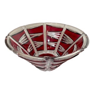 Vintage Bohemian Czech Centerpiece Cranberry Red Cut to Clear Glass Crystal Bowl For Sale