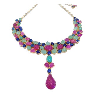 Bochic "Capri" Vintage Ruby, Emerald & Sapphire Necklace - 18K Gold & Silver For Sale