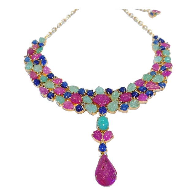 Bochic "Capri" Vintage Ruby, Emerald & Sapphire Necklace - 18K Gold & Silver For Sale