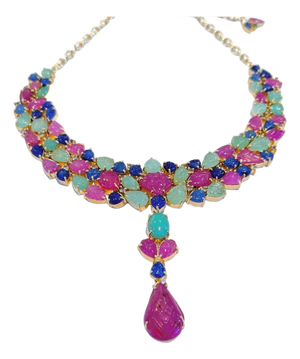 Bochic "Capri" Vintage Ruby, Emerald & Sapphire Necklace - 18K Gold & Silver