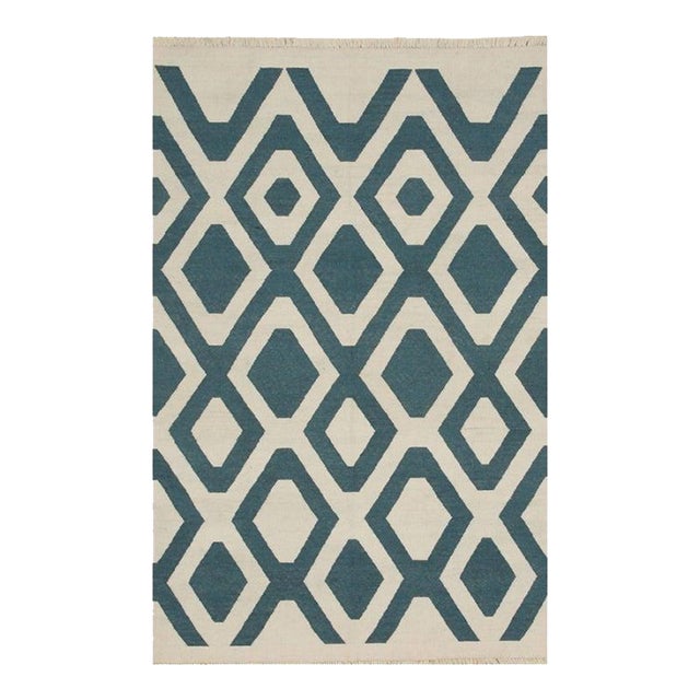 5x8 Ivory Flat Weave Wool Diamond Lattice Geometric Modern Carpet Rug For Sale