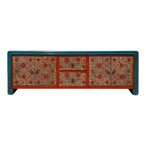 Chinese Tibetan Teal Blue Orange Floral Graphic Low Tv Console Table