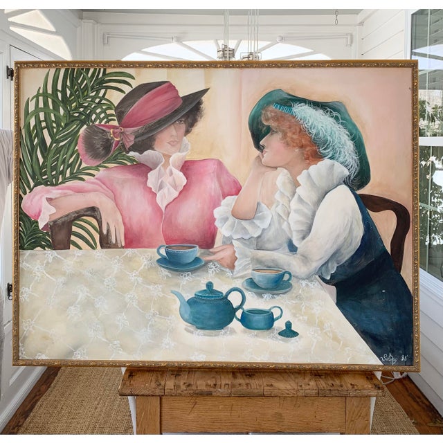 Spilling the Tea-Original painting, acrylic on Canvas with gold wooden frame. Painted in 1988 by Solveig Young