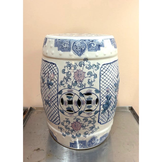 White/Blue/Pink Ceramic Chinese Garden Stool For Sale - Image 4 of 7