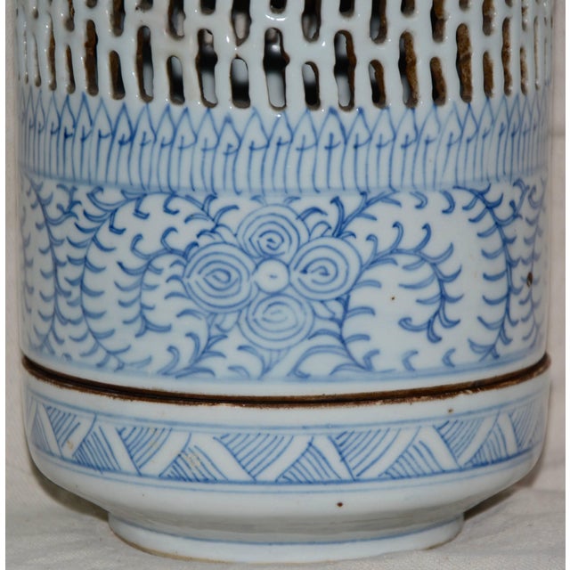 Early 1900s Blue and White Asian Pierced Ceramic Incense Burner For Sale - Image 12 of 13
