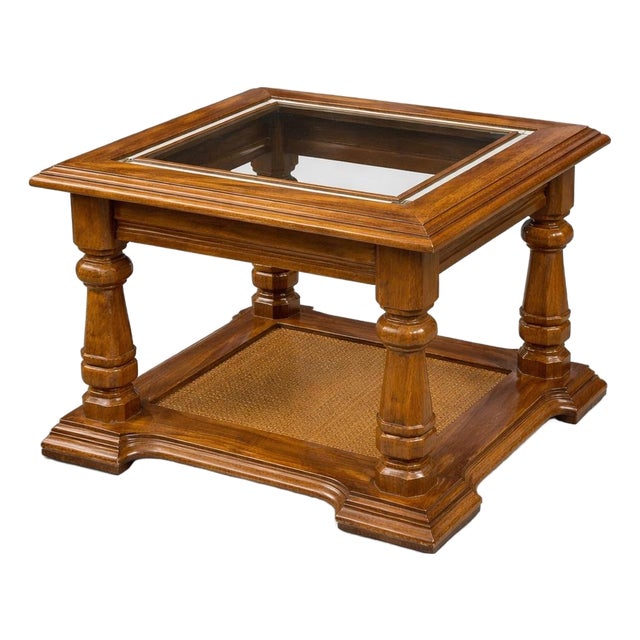 Vintage Burnt Teak Glass Top Accent Table With Cane Shelf – Square Traditional Side Table For Sale