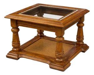 Vintage Burnt Teak Glass Top Accent Table With Cane Shelf – Square Traditional Side Table