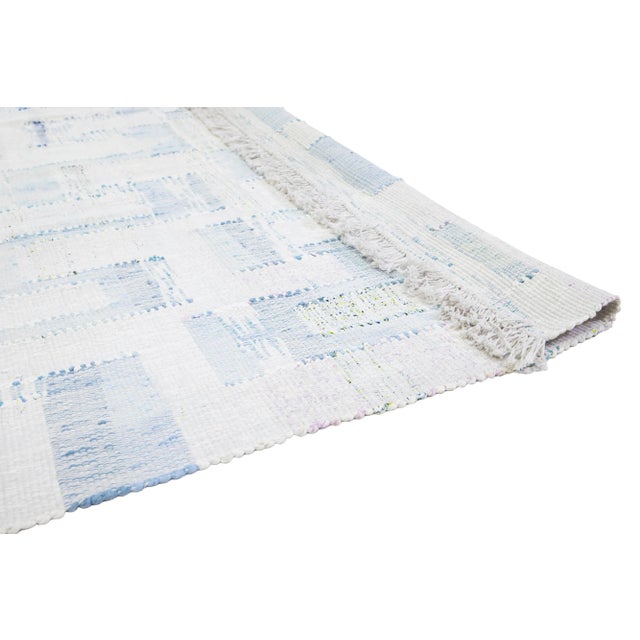 Abstract Contemporary Abstract Kilim Flatweave Wool Rug in Ivory and Blue For Sale - Image 3 of 10