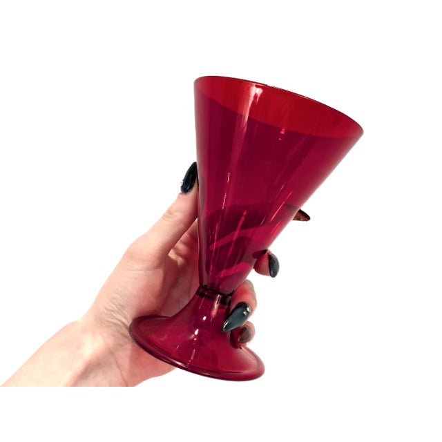 A very fine set of 12 vintage Venetian glass goblets or wine glasses. Attributed to Salviati. Each in a dark red blown...