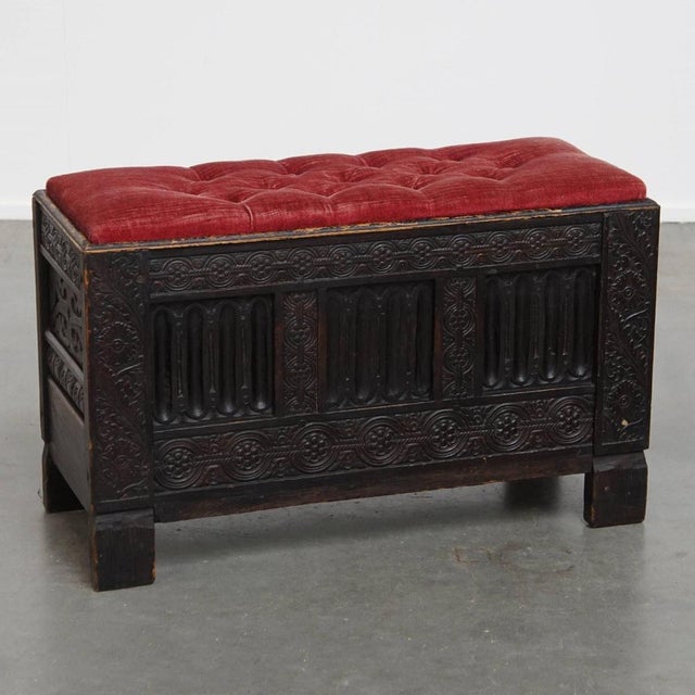 English Bench with Wood Carvings and Red Fabric Padded Seat For Sale - Image 12 of 12