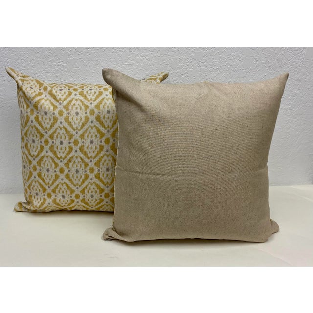 American Pair of 20" Square Pillows With a Classic Yellow & Purple Geometric Pattern - Made in Uk. For Sale - Image 3 of 9