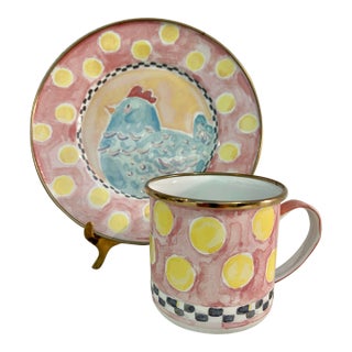 Late 20th Century MacKenzie-Childs "Spring Chicken" Children's Enamel Set - Plate and Mug For Sale
