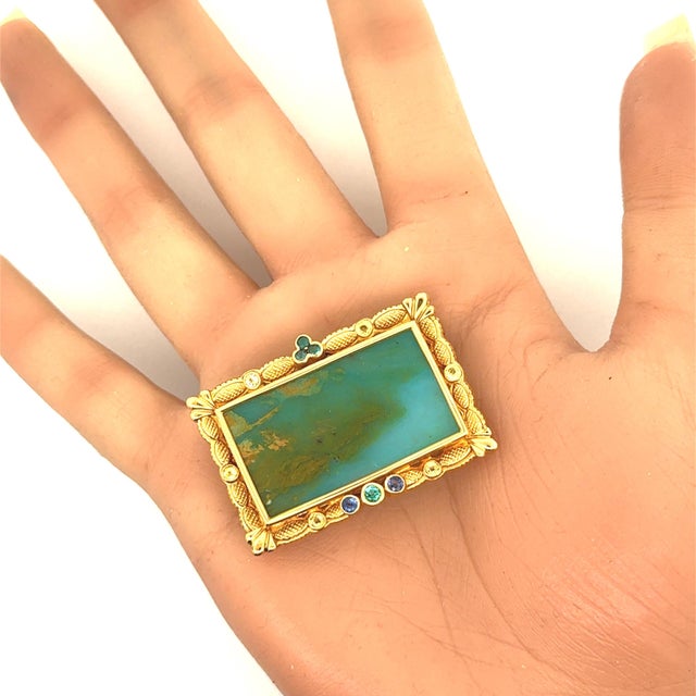 21.75 Carat Opal Sapphire Paraiba 18k Yellow Gold Portrait Brooch-Pendant For Sale In Los Angeles - Image 6 of 6