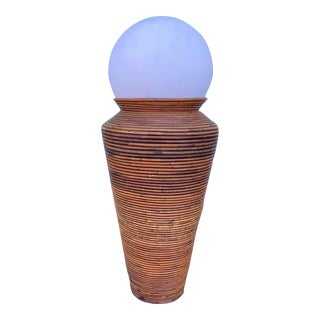 Late 20th Century Reed + Rattan Pedestal Floor Lamp With Lighted Globe | Attributed to Gabriella Crespi Style For Sale