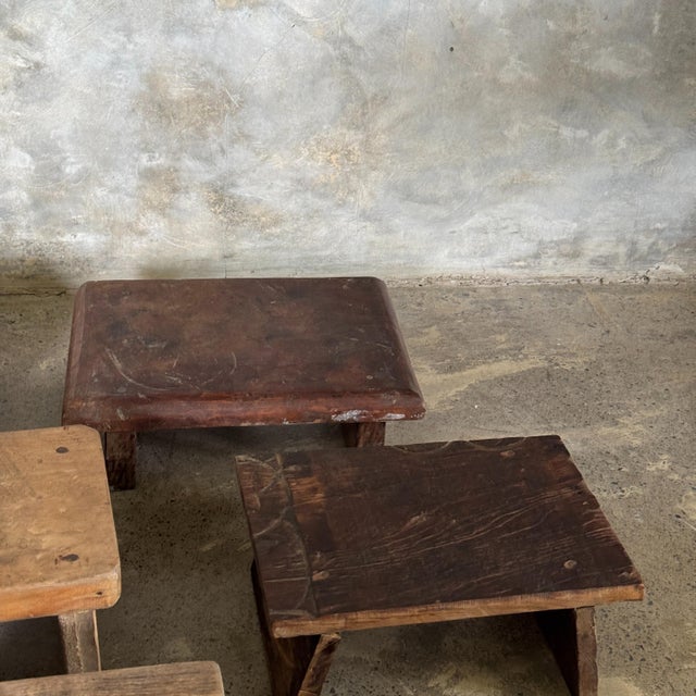 Brutalist Small Side Stool in Thick Brown Upcycled Teak, 1990s For Sale - Image 3 of 11