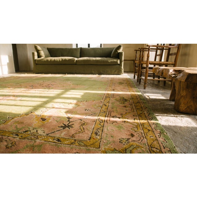 Light Green Impressive Olive Green Background and Medallion Design Antique Turkish Oushak Rug For Sale - Image 8 of 9
