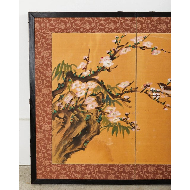 Asian Two Panel Table Screen Flowering Prunu With Songbird For Sale - Image 4 of 12