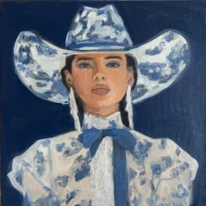 An Original Portrait of a Cowgirl - (Blue and White) by Michelle Heimann.