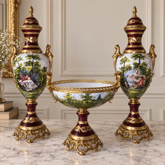 Elegant three-piece French-style porcelain garniture set featuring two matching covered vases and a coordinating central...