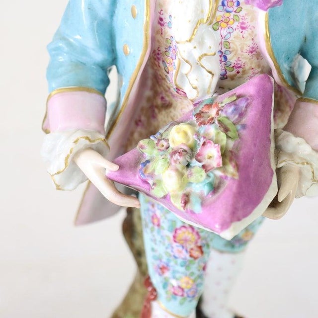 Ceramic Pair of Large Meissen Style Porcelain Figures of Woman & Man Gardeners C1890 For Sale - Image 7 of 9