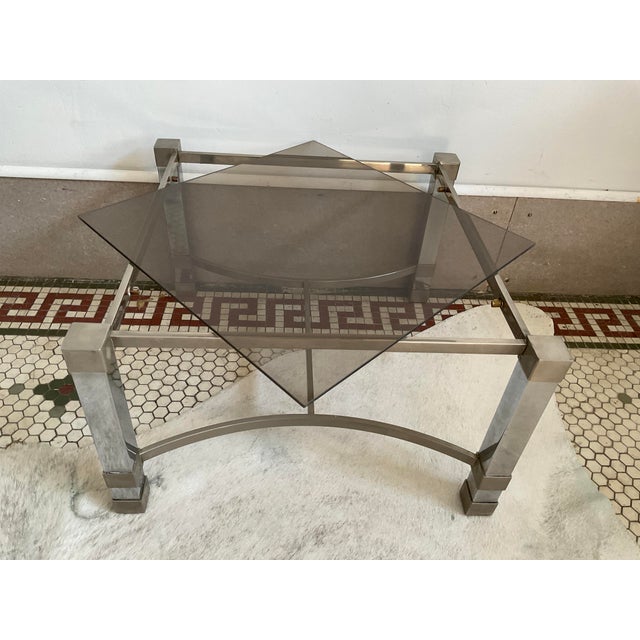 Pair of Metal Deco Tables With Smoked Glass Tops, 1960's, French For Sale - Image 11 of 17