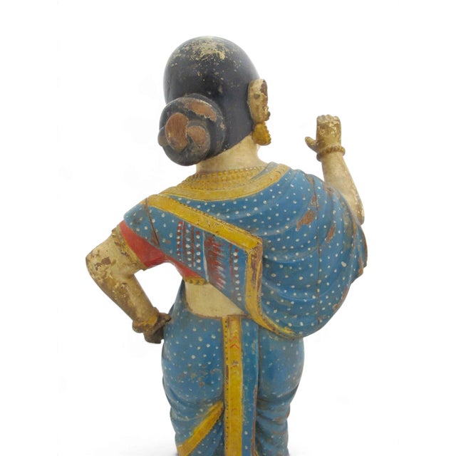Early 20th Century Indian Hindu Female Attendant Abhaya Mudra Carved Wood Folk Art Statue For Sale - Image 5 of 12