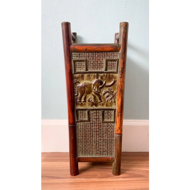 Wood Vintage Asian-Inspired Elephant Umbrella Stand With Embossed Metal Panels & Bamboo Frame – Hollywood Regency / British Colonial / Boho Chic For Sale - Image 7 of 13