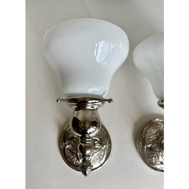 Metal Late 20th Century Pair of Art Deco–Inspired Chrome & Opal (Milk) Glass Bathroom Wall Sconces For Sale - Image 7 of 12