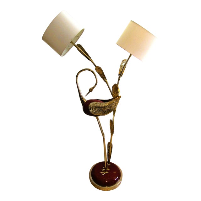 Rare Antonio Pavia Brass and Red Lacquered Wood Stork Floor Lamp Circa 1980s For Sale