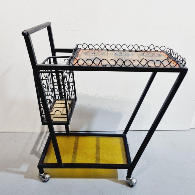 Vintage Mid-Century Wrought Iron Bar Cart with Ceramic Tile Top, 1960s For Sale - Image 9 of 11