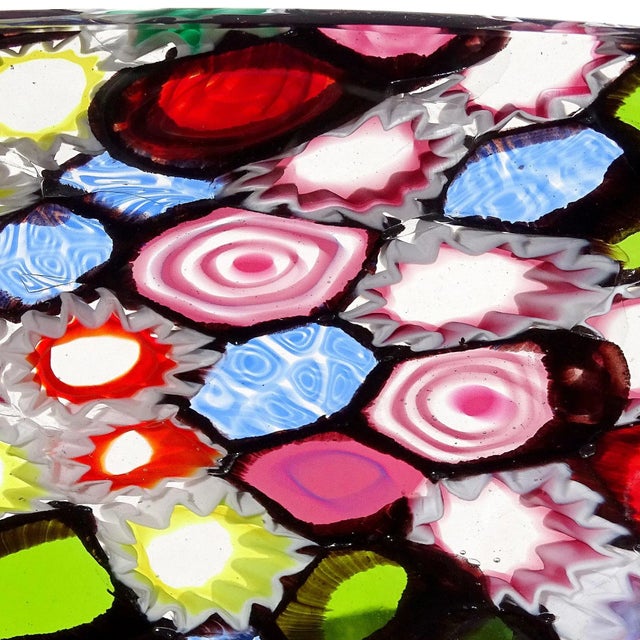 Red Murano Fratelli Toso Vintage Millefiori Flowers Bullseye Mosaic Italian Art Glass Tall Oval Bowl Vase For Sale - Image 8 of 10