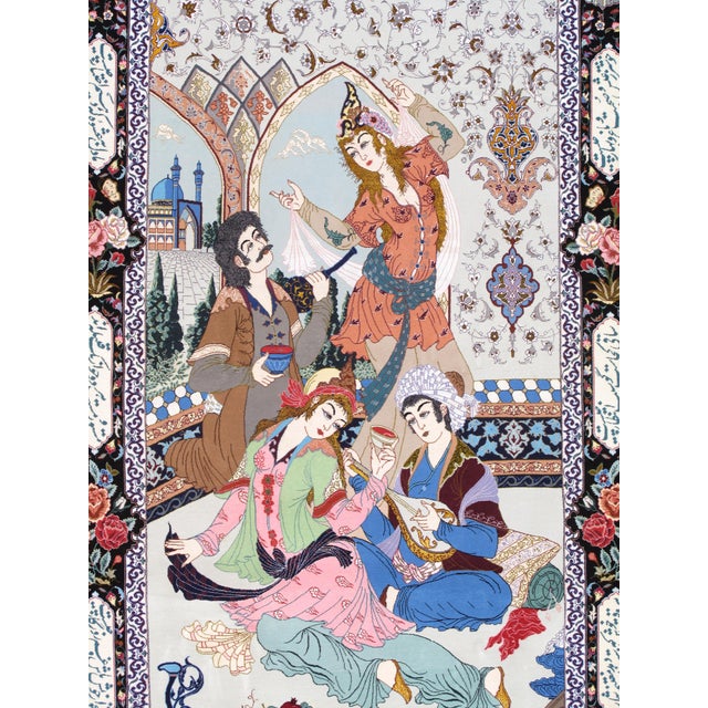 Textile Mid-20thCentury Tabriz Pictorial Rug A Celebration of Love Poetry & Courtly Life For Sale - Image 7 of 17