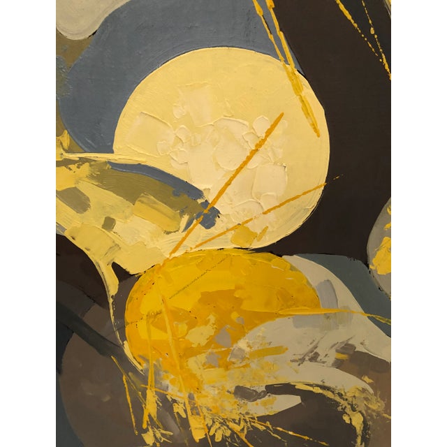 Moody and striking abstract painting with yellow circular element, random drips of paint and a marvelous color palette of...