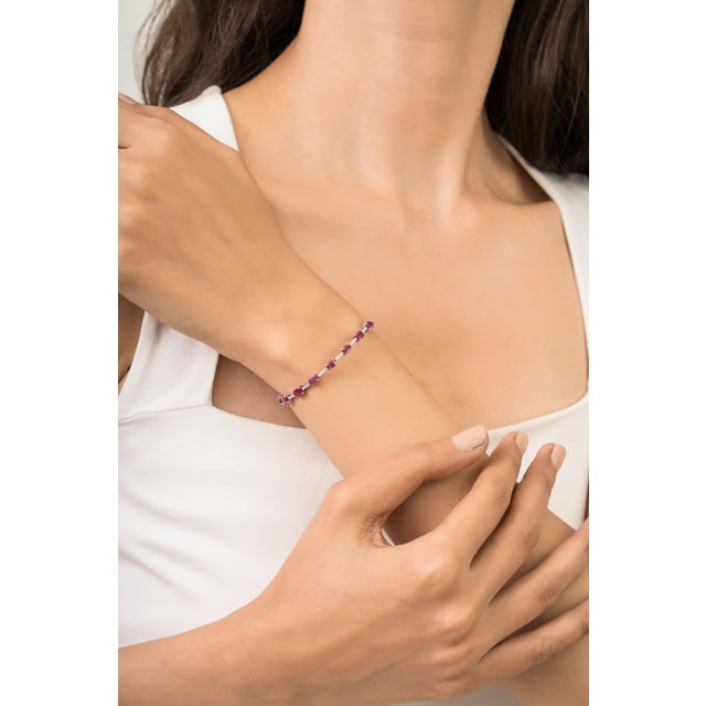Contemporary Modern 14k White Gold 5.95ct Natural Ruby & Diamond Tennis Bracelet 6.5 Inches For Sale - Image 3 of 14