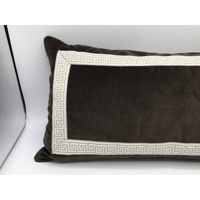 1980s Brown Velvet Lumbar Pillow With Gray And White Greek Key